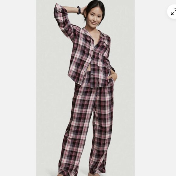 VICTORIA'S SECRET PJ Pajama Set ~ Black Pink Shimmer Plaid Flannel Small - Picture 1 of 3